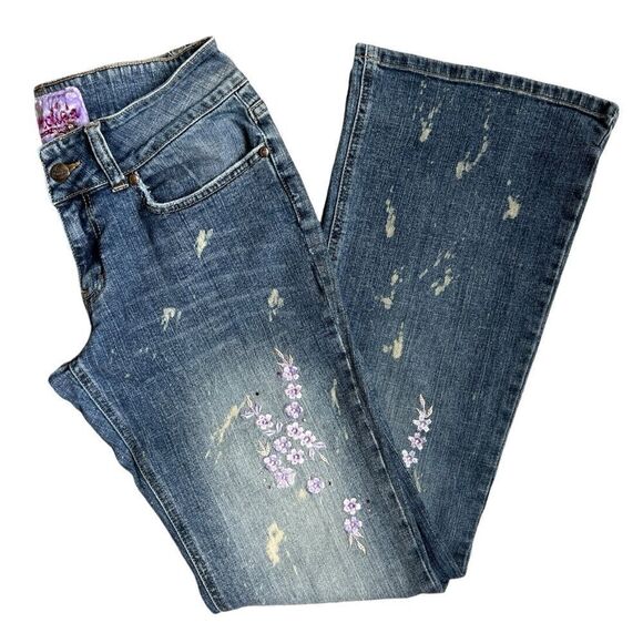 CANDIE’S Vintage Y2K 90’s Floral Embroidery Bell Bottoms Blue jeans Size 7/28 - Picture 6 of 10